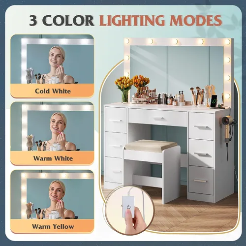 Vista 2 de WLIVE Escritorio de tocador con estación de carga, mesa de maquillaje con espejo iluminado y brillo ajustable, tocador blanco con 7 cajones
