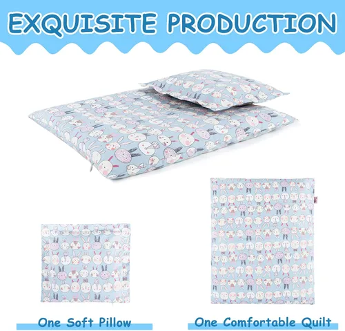 Vista 2 de Juego de 2 piezas de ropa de cama para muñecas de 18 pulgadas, accesorios de ropa de cama con estampado reversible con edredón y almohada, se adapta