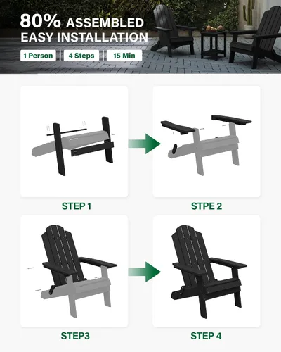 Vista 6 de MXIMU Silla Adirondack plegable para exteriores: sillas Adirondack fáciles de montar y cómodas, silla de plástico compuesto para todo tipo de clima