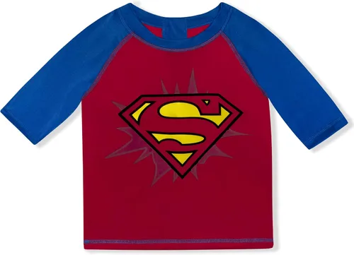 Vista 2 de DC Comics Superman or Batman Boys Long Sleeve Tee and Bathing Suit Shorts Set for Toddler and Little Kids BlackRed