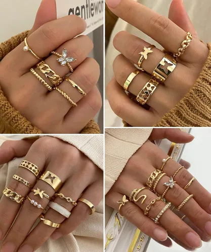 Vista 2 de Juego de 30 anillos de nudillos dorados vintage bohemios de serpientes mariposa apilables para mujeres y niñas anillos midi plateados