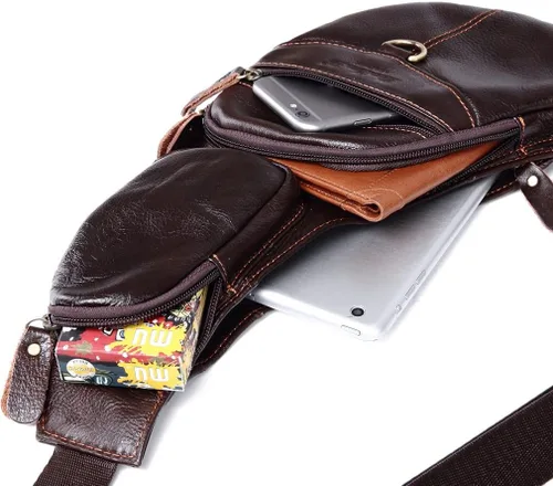 Vista 7 de Bolso bandolera de cuero para hombres y mujeres, viajes al aire libre y campamento, #07Café, 17cm(W)x5cm(D)x31cm(H)(6.7"x1.9"x12.20") approx