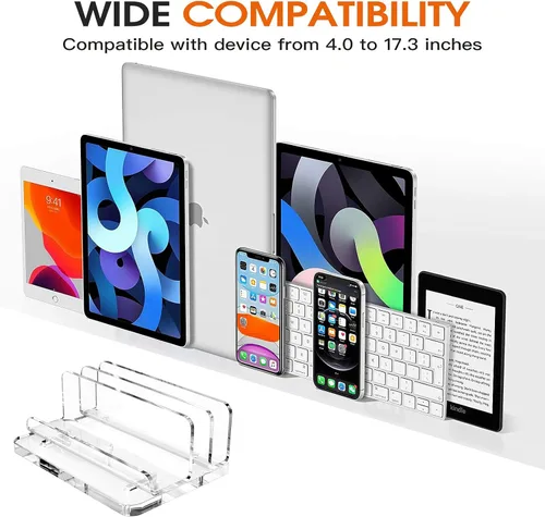Vista 3 de Soporte vertical acrílico para laptop, diseño 3 en 1 con ancho de ranura ajustable, adecuado para ahorrar espacio de escritorio, compatible