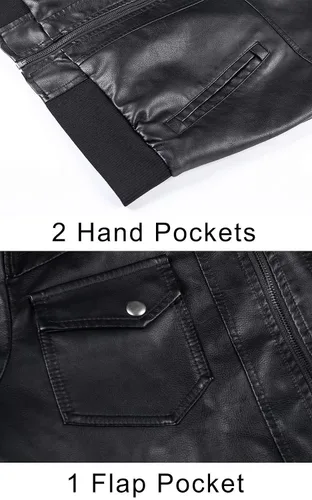Vista 6 de MAGCOMSEN Chaqueta de piel sintética con cuello alto para hombre, 6 bolsillos, chaqueta de motocicleta con capucha extraíble