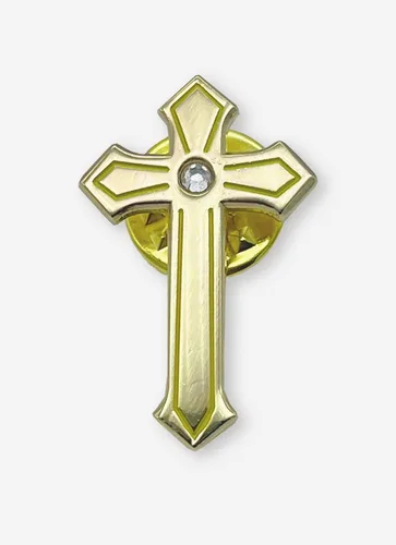 Vista 4 de PINVANA Pin de solapa de cruz religiosa esmalte dorado con diamantes de imitación