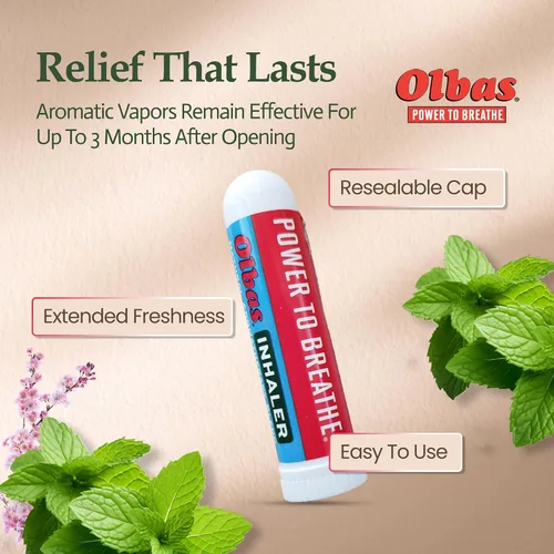 Vista 5 de Olbas Inhalador de aromaterapia, inhalador de aceite esencial con aceites naturales, 1 paquete de 285 mg, inhalador nasal de tamaño bolsillo
