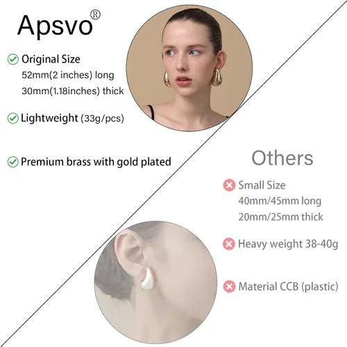 Vista 4 de Apsvo - Aretes de aro gruesos chapados en oro de 14 quilates para mujer, ligeros, con forma de gota de agua, abiertos y huecos, hipoalergénicos
