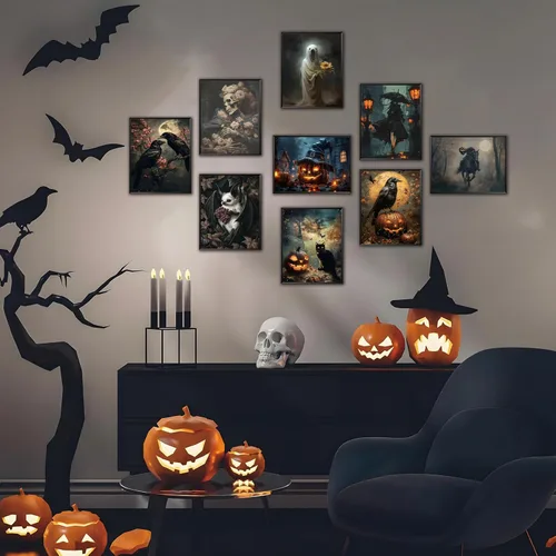 Vista 7 de ARKZSHO Juego de 9 impresiones en lienzo para pared de Halloween, pintura oscura de academia, pintura estética gótica espeluznante para galería