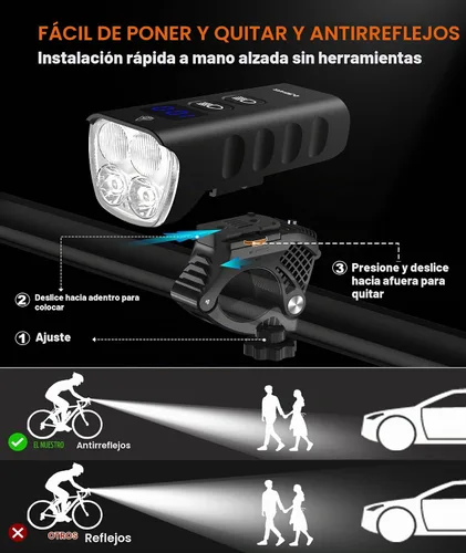 Vista 8 de Front Bike Light or Front Headlight & Back Taillight Set, 2000 Lumens Super Bright Road Mountain Ebike Lights, Rechargeable & 6400mAh Ultra-Long