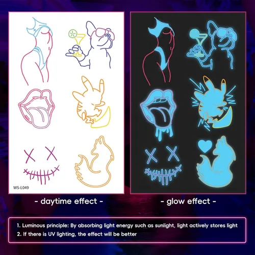 Vista 6 de 56 diseños que brillan en la oscuridad tatuajes (10 hojas) – Tatuajes temporales luminiscentes azules, suministros de fiesta brillantes para fiestas