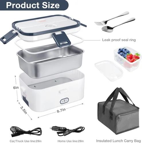 Vista 7 de hatisan Fiambrera eléctrica, calentador de alimentos portátil, lonchera térmica, contenedor de almuerzo calentador para adultos, 60 W, 1.8 L, 12
