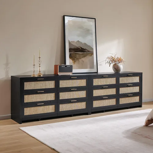 Vista 9 de SICOTAS Cómoda de ratán para dormitorio, cómoda de 57 pulgadas de ancho con 6 cajones con amplio almacenamiento, cómoda de madera, cómoda grande