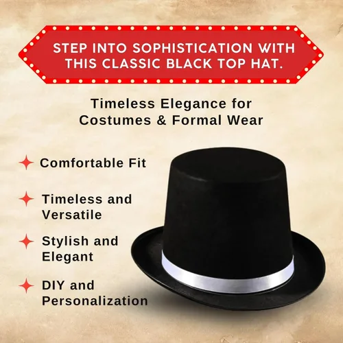 Vista 4 de Dress Up America Sombrero de copa negro para niños y adultos Sombrero formal de esmoquin con ribete Accesorio de disfraz de caballero mago