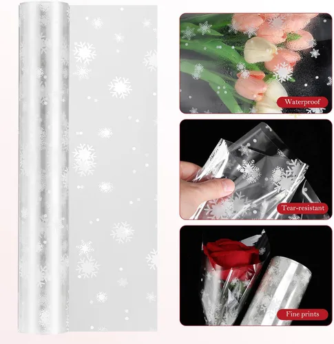 Vista 3 de TOYANDONA Rollo de papel de embalaje de celofán transparente de copo de nieve blanco de 3 m80 cm para ramo de flores de Navidad, cesta de embalaje