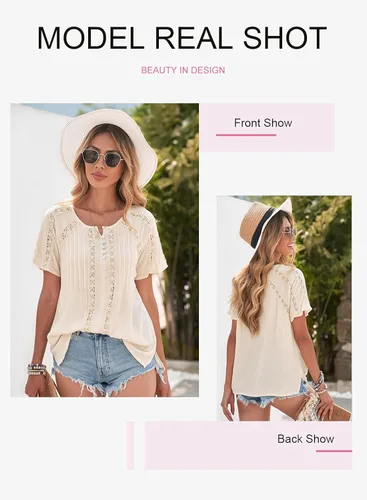 Vista 5 de Dokotoo - Blusa informal de manga corta con cuello en V de encaje de ganchillo para mujer