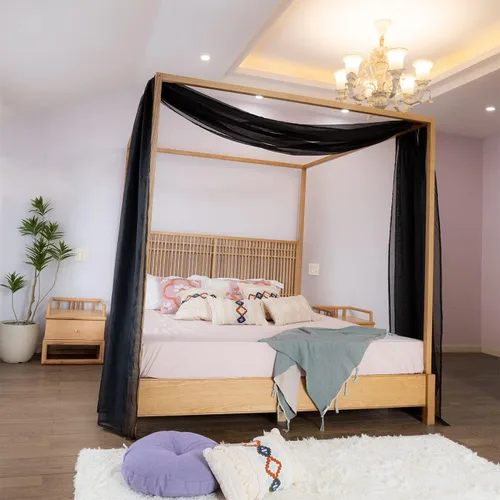 Vista 3 de Linentalks Cortinas de cama negras para cama individual, bufanda de cama transparente de lujo, cortinas de cama con cenefa, cortinas de cama