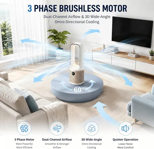 Vista 9 de Ventilador de escritorio, pequeño ventilador silencioso sin aspas con ajuste de 9 velocidades y 3 modos de luz, recargable por USB de 14 pulgadas