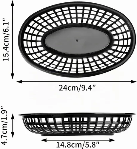 Vista 2 de EUSOAR Cestas de hamburguesa y forros de papel, 12 cestas reutilizables de plástico negro de 9.4 x 5.9 pulgadas para servir alimentos y 10 x 11