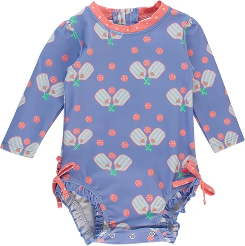 Vista 33 de RuffleButts - Traje de baño de una pieza con protección solar UPF 50+, camiseta de protección floral estampado, manga larga, con cierre zipper