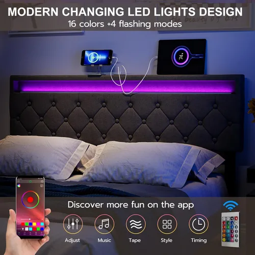 Vista 11 de IKIFLY Cabecera tapizada tamaño Queen con luces LED, puerto USB y tipo C 39.4"-43.3" Adjustable Height, Button Tufted Linen Fabric Padded Queen