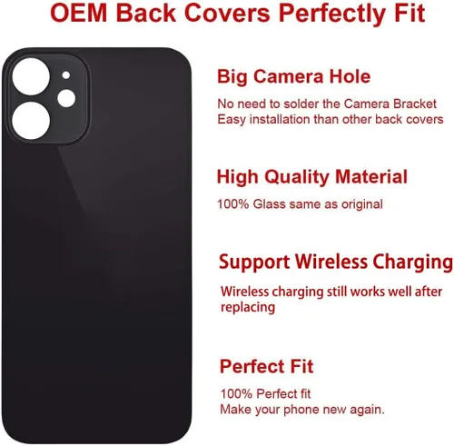 Vista 3 de Reemplazo de cristal trasero OEM para iPhone 12 mini 5.4 pulgadas (negro) con kit de herramientas de reparación