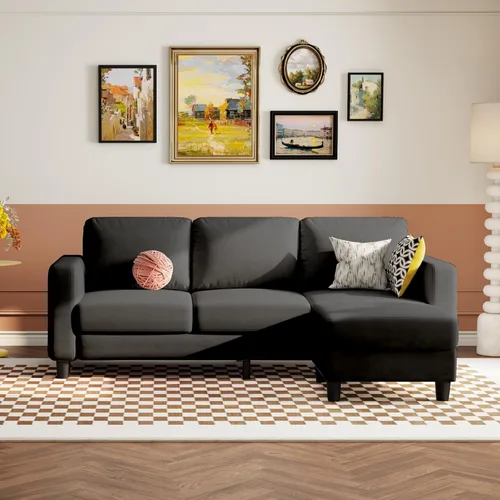 Vista 3 de Sofá modular pequeño de 73 pulgadas con diván reversible, sofá de tela de lino en forma de L con marco de roble macizo y hierro, cojín de asiento