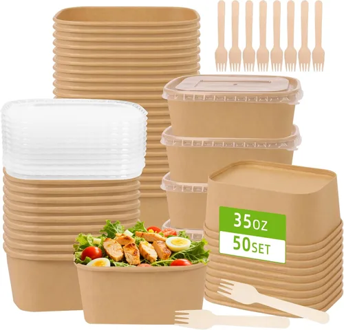 Vista 13 de Paquete de 50 recipientes de comida de papel de 19 onzas con tapas, recipientes de preparación de comidas, cuencos de papel grandes desechables