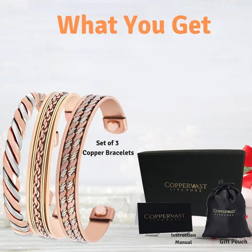 Vista 19 de Pulseras de cobre para hombres y mujeres Juego de 3 con caja de regalo Hecho a mano 100% cobre Regalo para mujeres y hombres