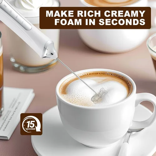 Vista 3 de Espumador de leche manual eléctrico con 2 cabezas, batidor de café con espuma USB recargable de 3 velocidades, licuadora de espuma para café