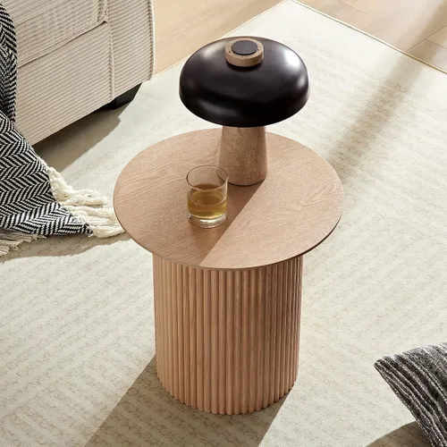 Vista 24 de Mesa auxiliar moderna de madera rústica de 2 niveles, mesas de noche compactas para sala de estar, mesita de noche rectangular minimalista