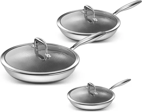 Vista 7 de Juego de sartenes antiadherentes, 6 piezas de acero inoxidable 18/10 de 5 capas Hybrid Non stick 8 10 12-inch Frying Pans with Lid, Induction