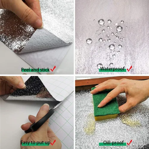 Vista 7 de BAYYA - Pegatinas de papel tapiz para salpicaduras de cocina plateado, hoja de aluminio con papel adhesivo para despegar y pegar, autoadhesivo