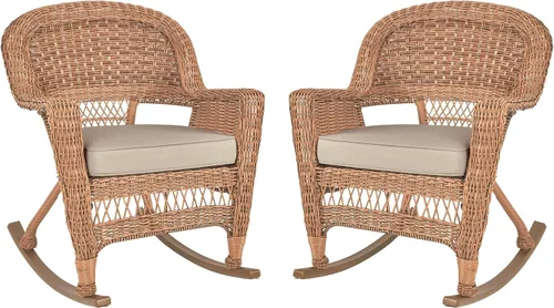 Vista 11 de Jeco Silla Rocker de mimbre con cojín bronceado, juego de 2, color espresso
