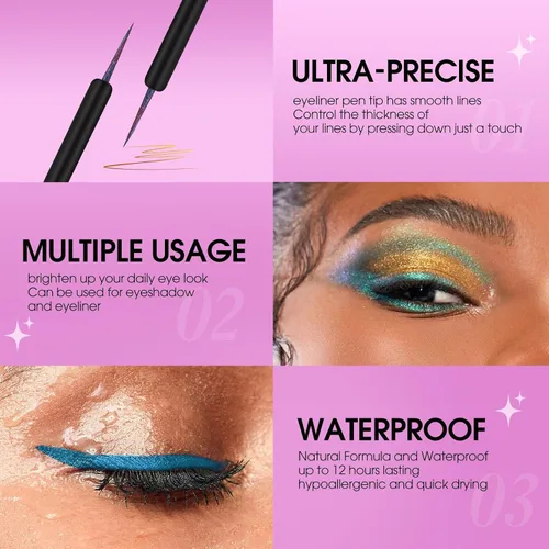 Vista 3 de Delineador de ojos líquido multicromo, delineador de ojos brillante con purpurina metálica, de larga duración, delineador de ojos colorido