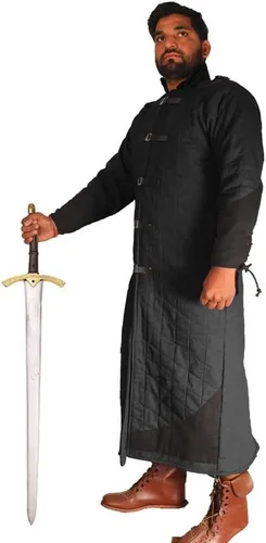 Vista 3 de Medieval gruesa acolchada longitud completa mangas Gambeson abrigo Aketon chaqueta, negro