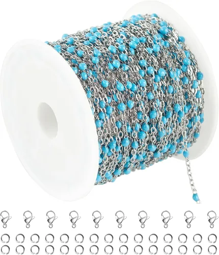 Vista 17 de UMAOKANG Cadena de acero inoxidable con cuentas de esmalte azul de 33 pies