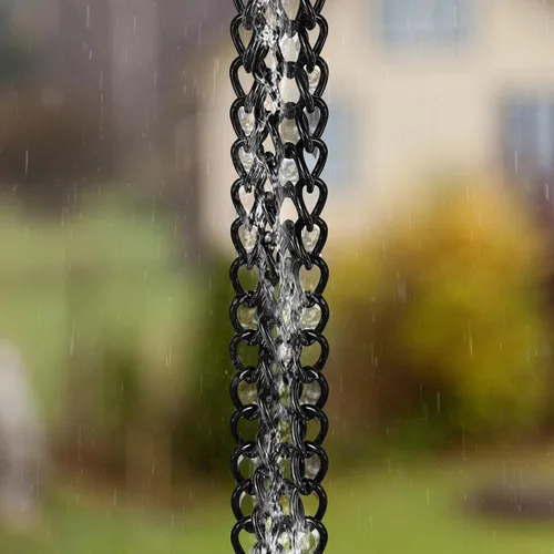 Vista 3 de Cadena de lluvia,8.2FT colector de lluvia recubierto de polvo negro,Cadenas de lluvia para canaletas