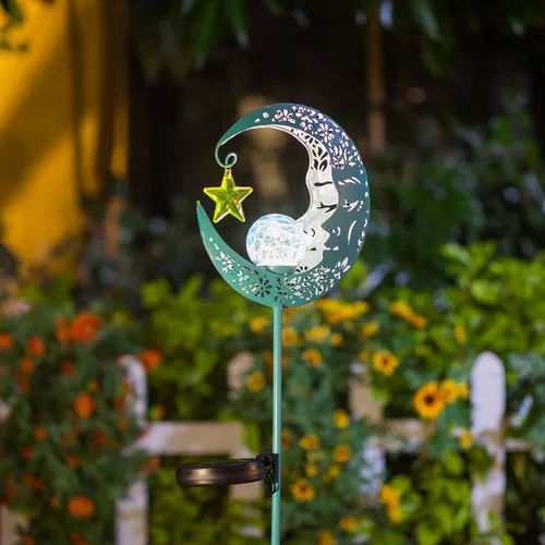 Vista 2 de Hapjoy - Luces solares para exteriores, decoración de jardín para patio, césped o camino, decoraciones de luna, luces de estaca de metal con diseño