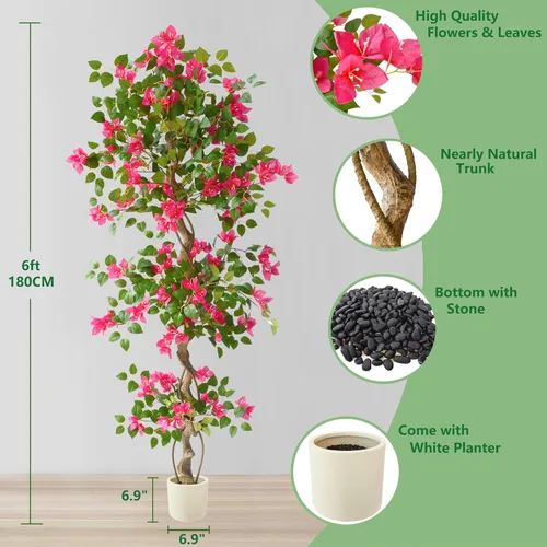 Vista 3 de Warmplants Árbol de buganvilla artificial de 6 pies con maceta blanca Rosa