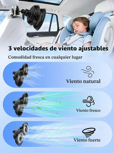 Vista 4 de Ventiladores de coche para asiento trasero, batería de 3600 mAh y Negro