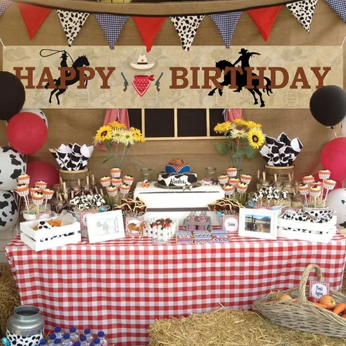 Vista 4 de Labakita Cartel grande de feliz cumpleaños de vaquero occidental, decoraciones de fiesta temática occidental para niños y hombres
