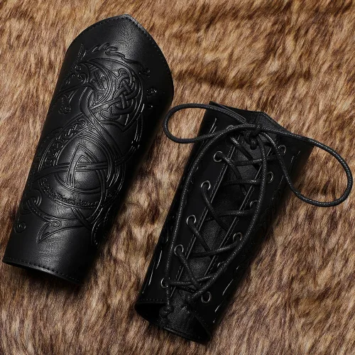 Vista 2 de Brazales de cuero medievales con diseño de dragón en relieve de cuero vikingo brazos, brazalete de cuero, guantelete de cuero, accesorios