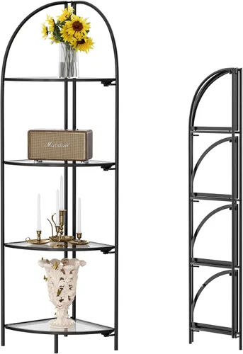 Vista 15 de Crofy Estante esquinero plegable de 3 niveles, soporte de esquina de metal para plantas con marco negro y estantes negros, estante de exhibición