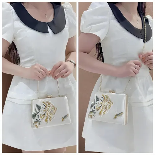Vista 5 de Bolso bordado de seda para mujer, bolso de hombro rectangular, bolso cruzado para banquete de boda