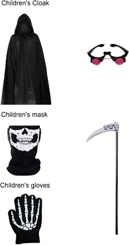 Vista 2 de Lizxun Disfraz de capa de Halloween para niños y adultos, bata de la muerte con ojos rojos brillantes, guadaña, ropa de cara, guantes