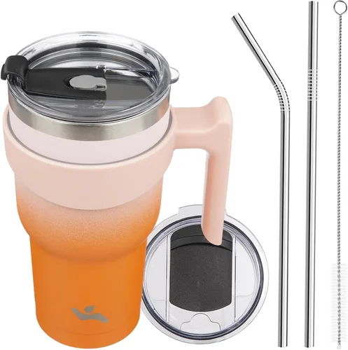 Vista 38 de Konokyo - Vaso de 10 onzas con asa y 2 popotes, 2 tapas, botella de agua aislada de acero inoxidable, taza de viaje reutilizable, color verde militar