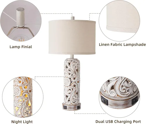 Vista 7 de Lámparas de mesa rústicas para sala de estar y dormitorio Lámpara de noche vintage con doble puerto USB, lámparas retro de resina blanca antigua