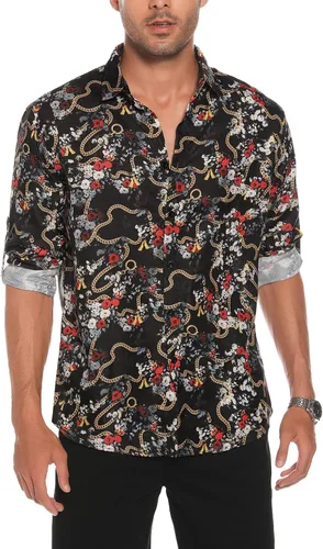 Vista 4 de EISHOPEER Camisas de vestir de lujo para hombre, estampado floral, casual, ajustada, manga larga, con botones