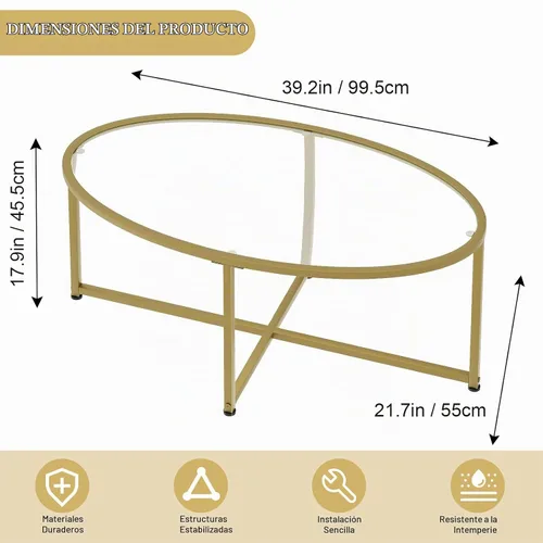 Vista 2 de Wolawu Mesa de centro ovalada dorada de vidrio para sala de estar, mesas de té modernas con marco de metal dorado para espacios pequeños, mesa