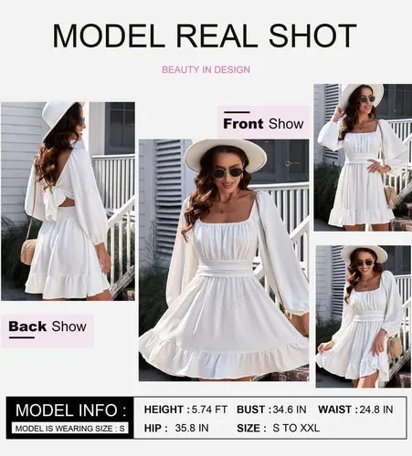 Vista 2 de Dokotoo Vestido largo para mujer, manga farol, cuello cuadrado, lazo sin espalda, vestido sexy con volantes, cintura elástica, acampanado, mini